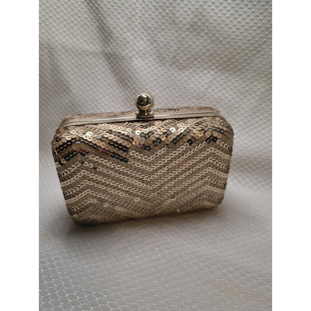 White House Black Market Sequin Chevron Clutch Gold Champagne Evening Bag Chain